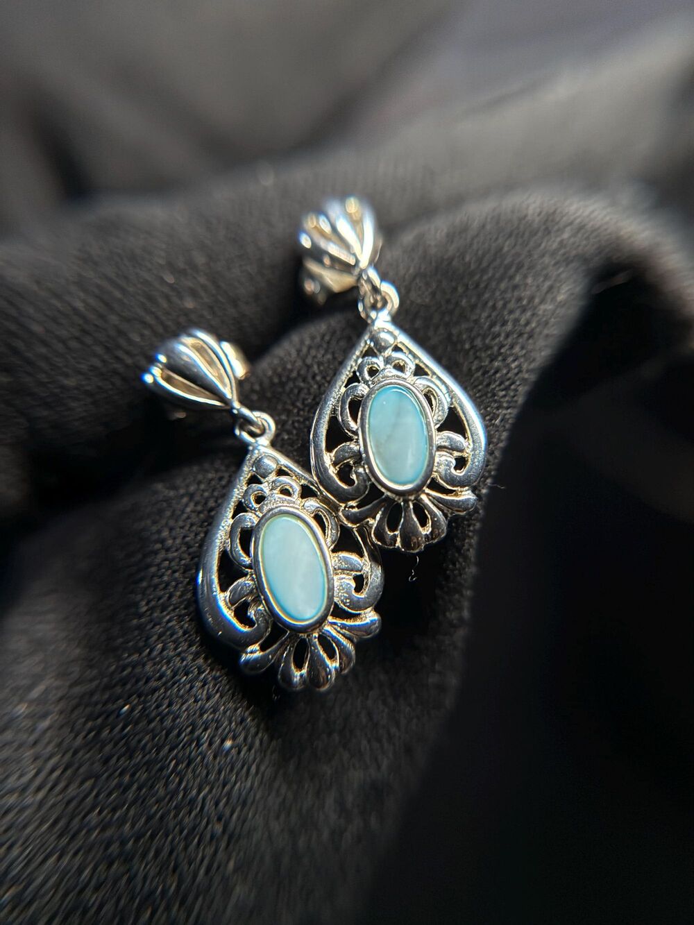 Sterling Silver Blue Shell Filigree Drop Earrings